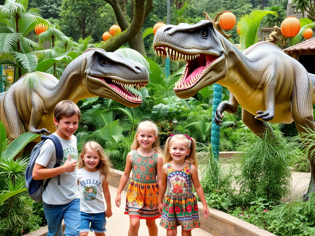 Kinder im Dinopark Funtana mit Dinosaurier-Figuren